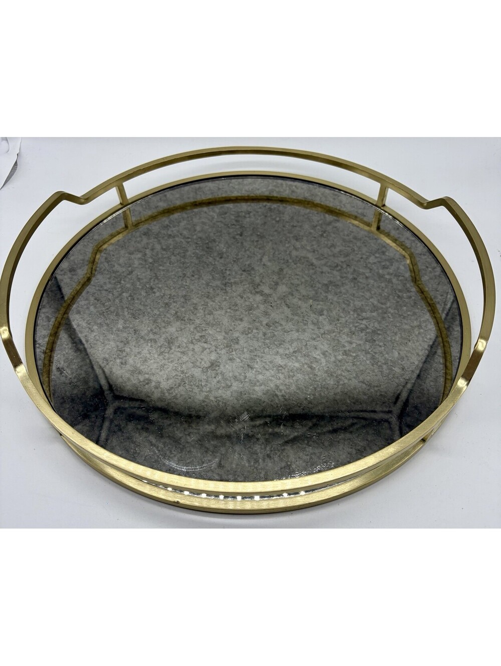 West Elm Round Gold Tone Metal Glass Tray Antique Style Mirrored Glass 13” $69